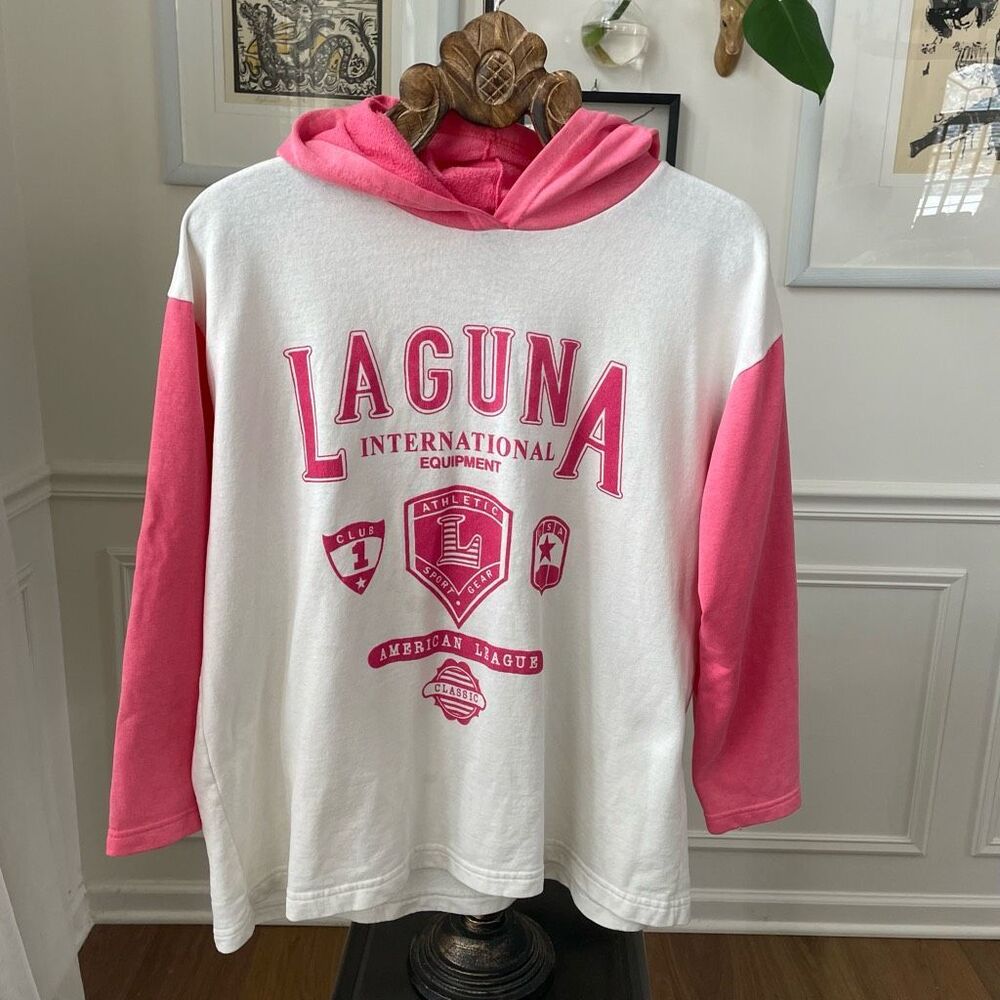 Vintage 80s 90s Laguna International Pink White Crest Tshirt Hoodie L